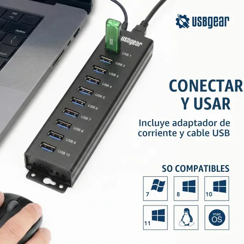 Vista 2 de USBGear Concentrador USB de 10 puertos 3.2 Gen 1 – Concentrador de datos supervelocidad montable con puertos USB para laptop, PC, escritorio y más