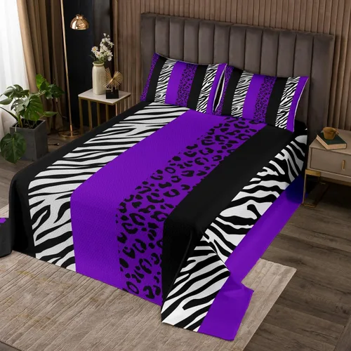 Vista 24 de Juego de colcha con lazo para niños, tamaño individual, diseño de cebra y leopardo con purpurina, decoración de habitación para niñas y mujeres