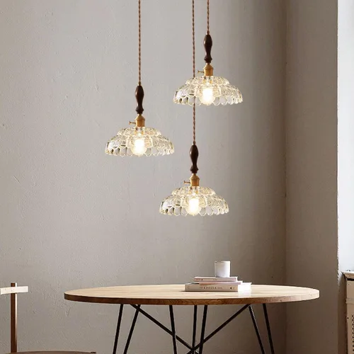 Vista 2 de Modern Full Copper Pendant Lights, Mid Century Clear Glass Shade Ceiling Hanging Lighting, Vintage Walnut Chandelier for Hallway Kitchen Island