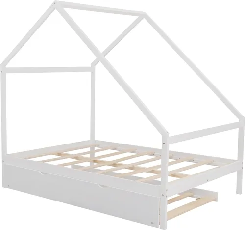 Vista 5 de Cama de casa de tamaño matrimonial con cama nido de tamaño individual, marco de sofá cama de madera maciza con techo, se puede decorar, marco