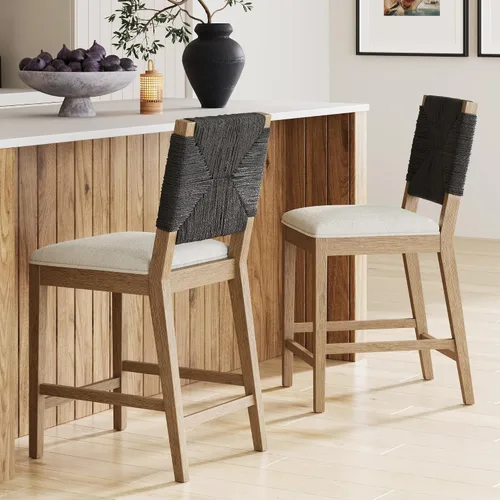 Vista 18 de Nathan James Beacon Taburete de bar bohemio con respaldo, de altura de bar, silla para isla de cocina, taburete de bar de seagrass, bouclé