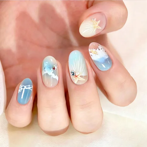 Vista 35 de Uñas postizas a presión medianas con diseño geométrico blanco almendra – 24 uñas postizas reutilizables de ABS brillante, fácil de aplicar, juego