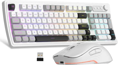 Vista 9 de MageGee V990 Combo de teclado y mouse inalámbricos cremosos, 99 teclas RGB retroiluminado recargable silencioso teclado para juegos, mouse óptico