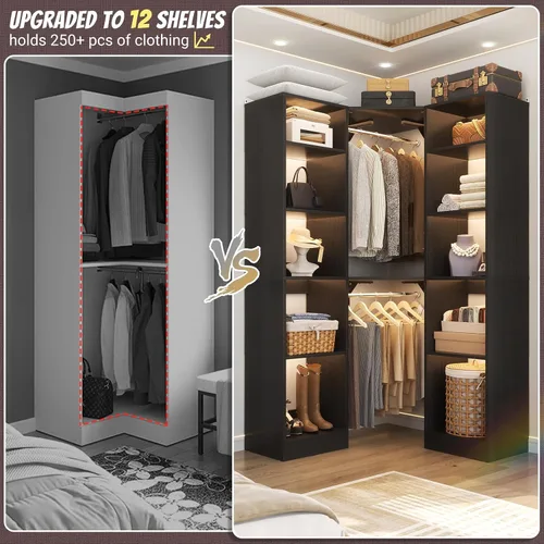 Vista 3 de Besiost Sistema de Armario de Esquina con 12 Estantes, Organizador de Armario de Esquina de 39.2" con 2 Varillas para Colgar, Armarios Walk-in Negro