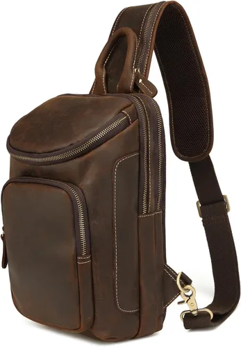 Vista 7 de Lieseh Bolso bandolera vintage de cuero genuino para hombre, bandolera para hombro, pecho, mochila de viaje al aire libre, Café, Vintage
