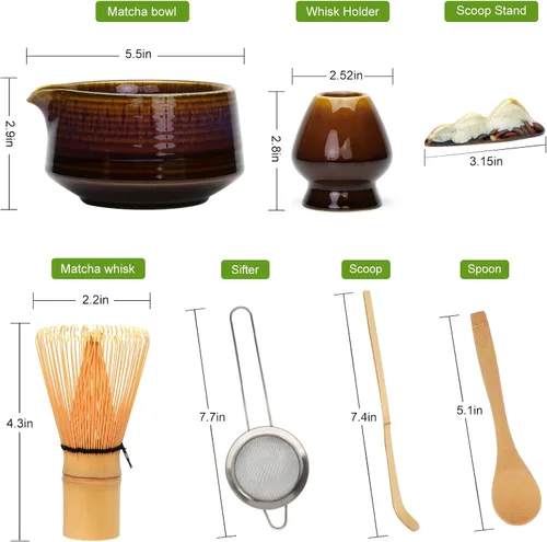 Vista 2 de Juego de batidor de matcha, juego de 7 piezas incluye cuenco de matcha (19 onzas), batidor de matcha de bambú y cuchara de matcha, soporte