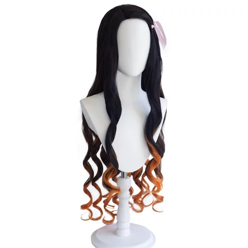 Vista 3 de AniLnc Pelucas largas Ombre negro naranja Kamado Nezuko Cosplay Pelucas Cosplay disfraz pelo