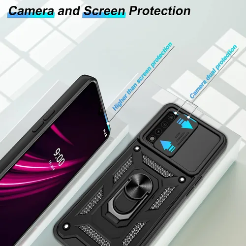Vista 3 de ATUMP Funda para T-Mobile Revvl V Plus 5G con protector de pantalla HD con cubierta de cámara deslizante, soporte de anillo de rotación de 360° Negro