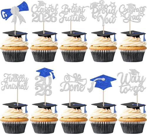 Vista 43 de 30 piezas de decoración para cupcakes de graduación para la clase de 2026 con purpurina brillante para el futuro diploma hecho 2026 Felicidades