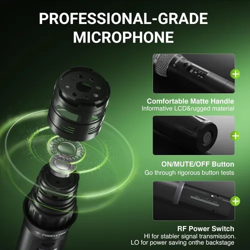 Vista 2 de Phenyx Pro Micrófono inalámbrico profesional, micrófono dinámico UHF, micrófono inalámbrico de metal, transmisor de mano para sistema de verdadera