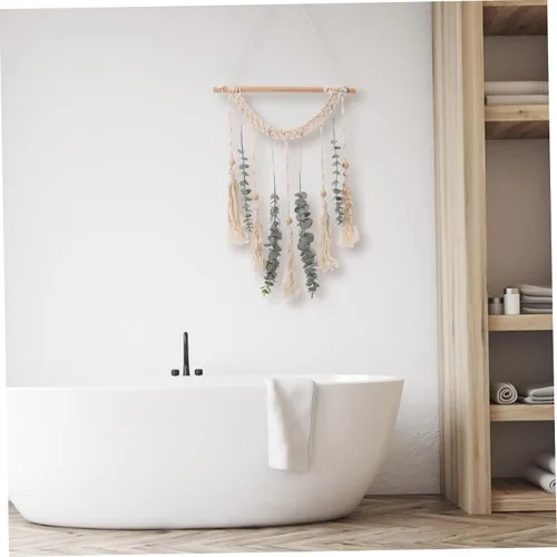 Vista 9 de DECHOUS Tapiz de algodón de macramé, 1 juego, tapiz de algodón, guirnalda verde, decoración de madera, beige, escultura de boda, macramé para colgar