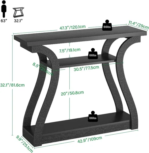 Vista 2 de Mesa consola de madera con patas curvadas y estante, mesa de sofá moderna de 3 niveles para zona de entrada, sala de estar, pasillo, 47 pulgadas