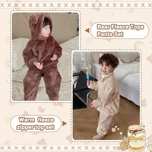 Vista 6 de UVIPC Conjunto de 2 piezas de forro polar para bebé, conjunto de sudadera de oso mullido para niños pequeños