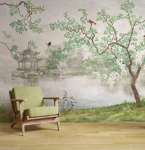 Vista 2 de Murwall Papel pintado de naturaleza japonés jardín mural de pared de paisaje de lago brumoso impresión de pared estilo asiático pájaros arte