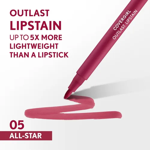 Vista 2 de Covergirl Outlast, 05 All-Star, Lipstain, aplicación suave, punta precisa similar a un bolígrafo, a prueba de transferencia, acabado teñido