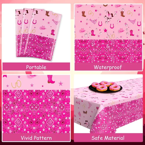 Vista 5 de Mantel de plástico de vaquera occidental, mantel rectangular de fieltro rosa, mantel rectangular desechable impermeable para suministros de fiesta