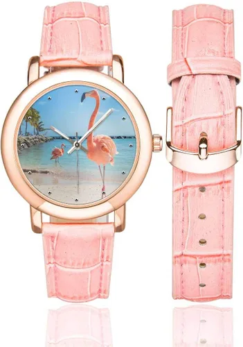 Vista 2 de InterestPrint Lindo Flamingo Birds Reloj de pulsera con correa de cuero rosa para mujer