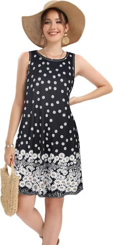 Vista 2 de elescat - Vestidos de verano para mujer, estilo informal, sin mangas, estampado floral, holgado, con bolsillo