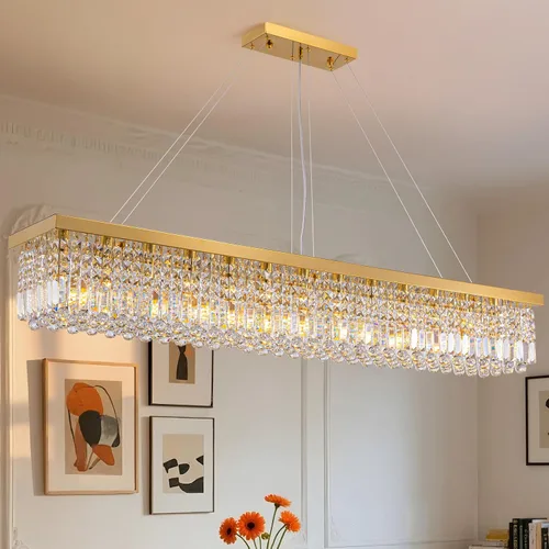 Vista 22 de Candelabros Modernos de Cristal para Lámpara de Comedor, Candelabro de Techo Rectangular Dorado de 6 Luces para Isla de Cocina y Sala de Estar