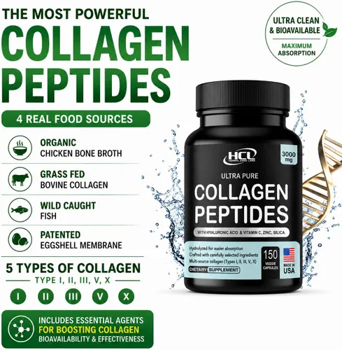 Vista 3 de HCL HERBAL CODE LABS Polvo de péptidos de colágeno con vitamina C y ácido hialurónico, fuentes más limpias y súper alta absorción, multitipo