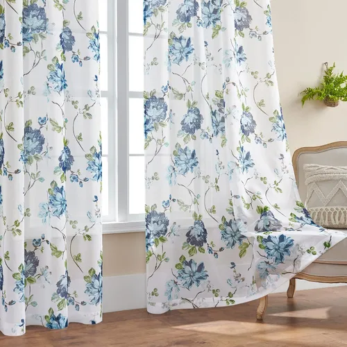 Vista 3 de FOLKSIDE - Cortinas florales azules, 63 pulgadas de largo, juego de 2 paneles, bolsillo para barra, cortinas florales semitransparentes