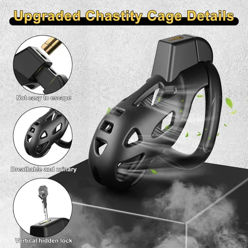 Vista 3 de Dispositivos de castidad masculina jaula para pene – Jaula de castidad grande integrada con bloqueo invisible vertical integrado con 3 anillos base