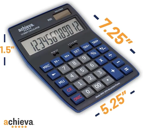 Vista 3 de Achieva Calculadora de escritorio con pantalla LCD de 12 dígitos Azul Llave de marcado, interruptores decimales y redondeadores seleccionables