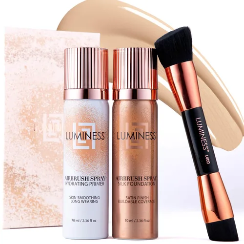 Vista 21 de LUMINESS Silk Airbrush Spray Foundation Kit de 3 piezas – base, prebase y brocha de maquillaje en ángulo de doble cara – Cobertura modulable