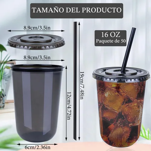 Vista 3 de Juego de 50 vasos desechables sin tallo con tapas y pajillas, vasos de plástico de 16 onzas, taza de café helado, copas de vino de plástico