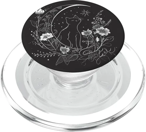 Vista 8 de Cat Sitting On Crescent Moon Flowers Stars Drawing PopSockets intercambiables PopGrip