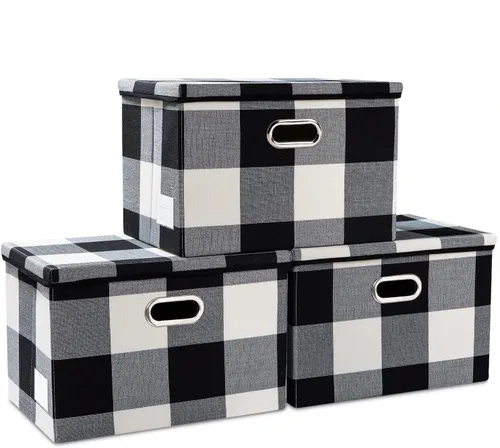 Vista 68 de PRANDOM Contenedores de almacenamiento con tapas [paquete de 3] cajas de almacenamiento plegables de tela de lino, canastas organizadoras, cubos