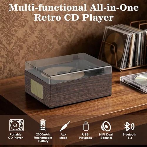 Vista 2 de Reproductor de CD de grano de madera de nogal con Bluetooth 5.3 - Reproductor de música de escritorio retro, altavoces de alta fidelidad duales