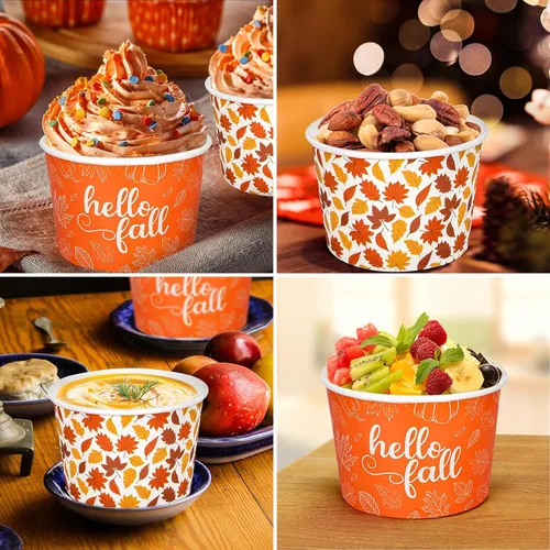 Vista 7 de Whaline 60 tazas de papel desechables con diseño de hojas de arce, cuencos de papel desechables de 9 onzas con hojas de otoño, tazas de papel
