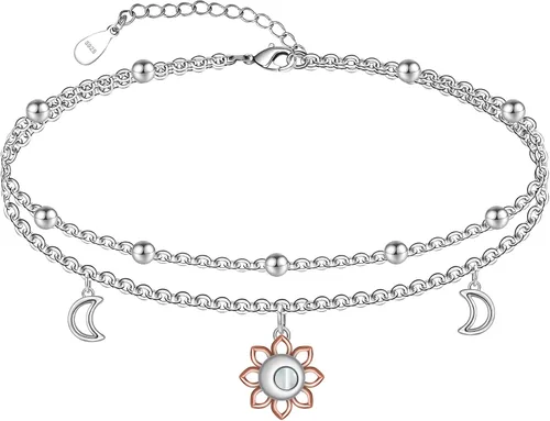 Vista 107 de CHIC & ARTSY Tobilleras delicadas de plata de ley S925 para verano, pulsera de tobillo ajustable multicapa para playa, joyería de pie para mujer