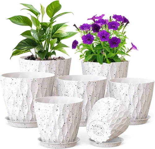 Vista 9 de Meowell Macetas pequeñas de plástico de 4 pulgadas, macetas de plántulas, juego de 5 macetas de ondas de agua para plantas de interior, macetas