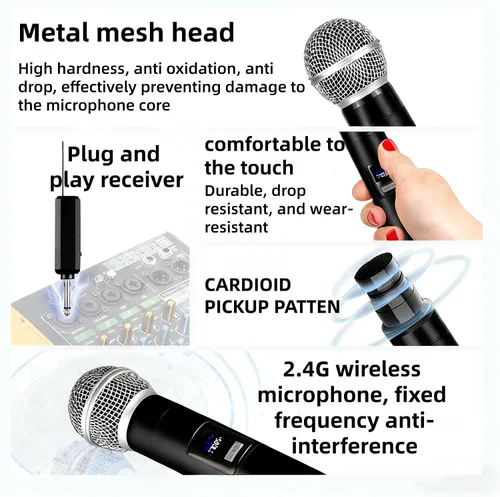 Vista 2 de Juego de micrófonos profesionales para karaoke, doble captación vocal, fácil configuración, recargable por USB, pantalla LED, compatible
