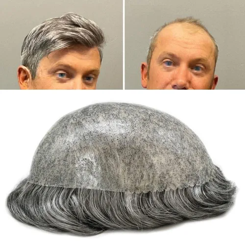 Vista 498 de Toupee para hombre 100% cabello humano real tupé para hombres 0.004 in piel de poliuretano para hombre, sistema de reemplazo de piezas de pelo