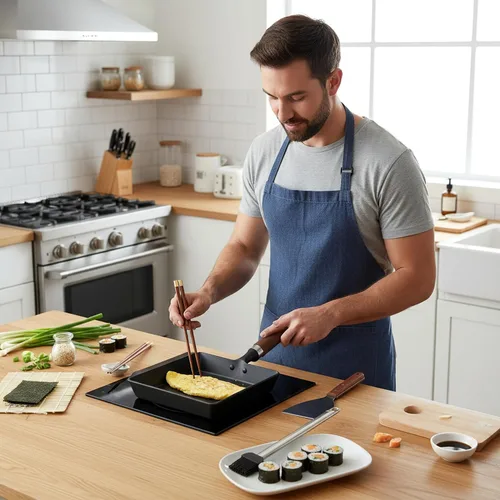 Vista 7 de Sartén japonesa Tamagoyaki de hierro fundido, pre-sazonada, tratada con nitrógeno líquido, no se oxida, lista para usar, mango de madera