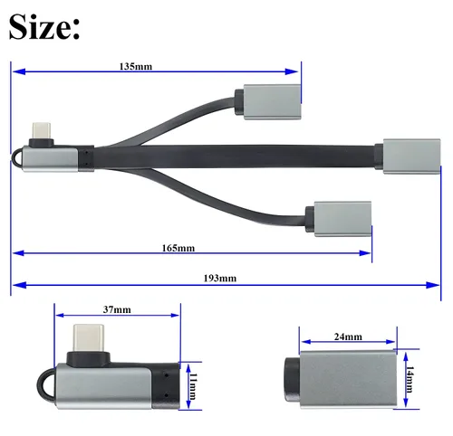 Vista 2 de Ángulo recto tipo C 3.0 macho a 1 USB 3.0 A hembra+2 USB 2.0 A hembra OTG Cable USB C a USB A de 90 grados de datos y carga OTG Cable divisor
