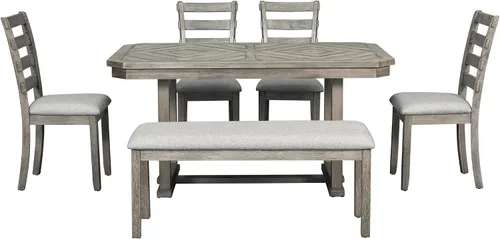 Vista 220 de Juego de mesa de comedor vintage de 6 piezas, juego de mesa de comedor de cocina de madera maciza con 4 sillas ergonómicas acolchadas y banco, mesa