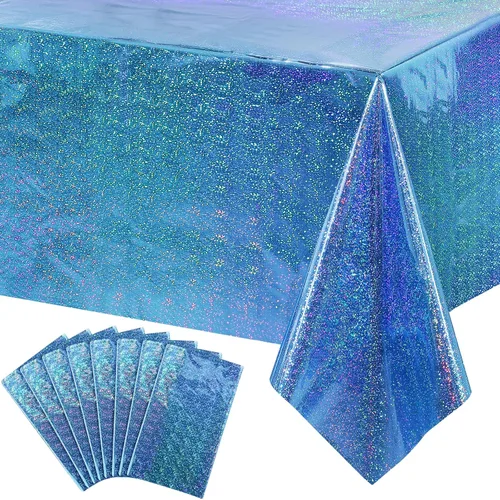 Vista 11 de Paquete de 4 manteles de plástico iridiscente brillantes desechables láser rectangulares, cubiertas de mesa, mantel de papel holográfico