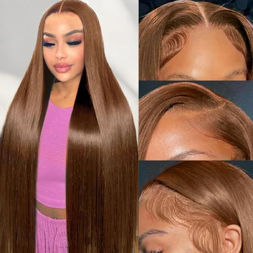 Vista 9 de Cypha Peluca de cabello humano lacio con encaje frontal 1B/27, 13 x 6 HD, cabello humano prearrancado, densidad del 180%, con reflejos de encaje
