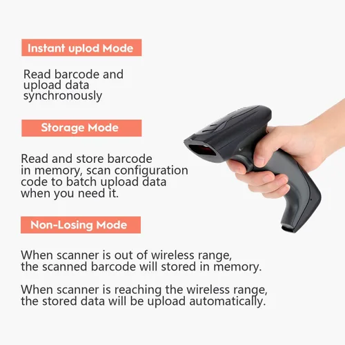 Vista 5 de NADAMOO Escáner de código de barras inalámbrico con base de carga USB 328 pies de transmisión de largo portátil 1D lector de código de barras láser