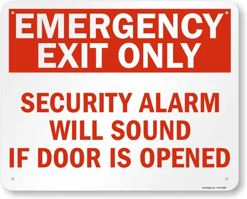 Vista 17 de SmartSign Letrero de metal con texto en inglés «Emergency Exit Only – Security Alarm Will Sound If Door Is Opened», aluminio de 63 mil