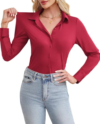 Vista 7 de siliteelon Camisa de manga larga con botones para mujer, estilo casual, para el trabajo, con elástico en 4 direcciones, sin arrugas