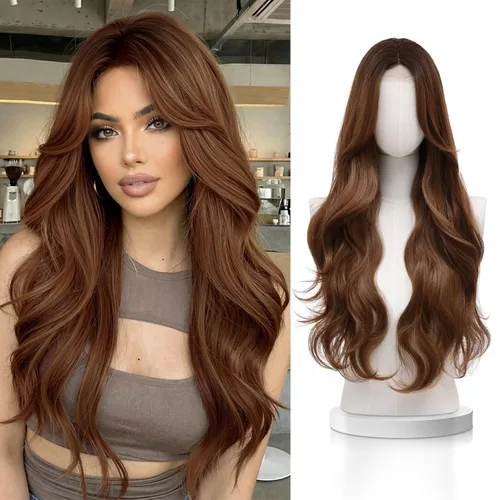 Vista 24 de VERNA - Peluca rubia con flequillo, peluca sintética de aspecto natural, rizada, ondulada de 26 pulgadas, resistente al calor, estilo de parte media