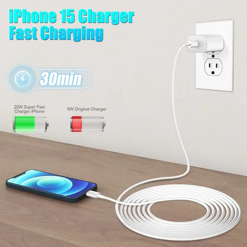 Vista 4 de Carga Rápida para iPhone 16 15 Cargador, Paquete de 2 Cargador USB C de Apple de 20W con Cable de Carga USB C a C de 6 Pies para iPhone 16 Pro