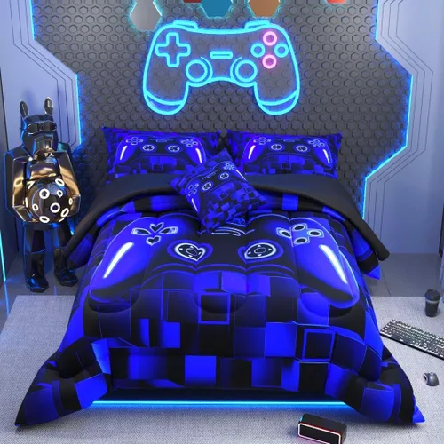 Vista 12 de Juego de edredón de 6 piezas para videojugadores de temática negra, para niños, adolescentes y adultos, con edredón, sábana encimera, sábana bajera