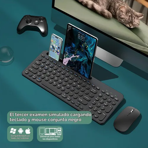 Vista 3 de Combo de teclado y mouse inalámbricos con soporte para tableta de teléfono, modo dual recargable (Bluetooth 5.0 y 3.0 +2.4G) mouse silencioso