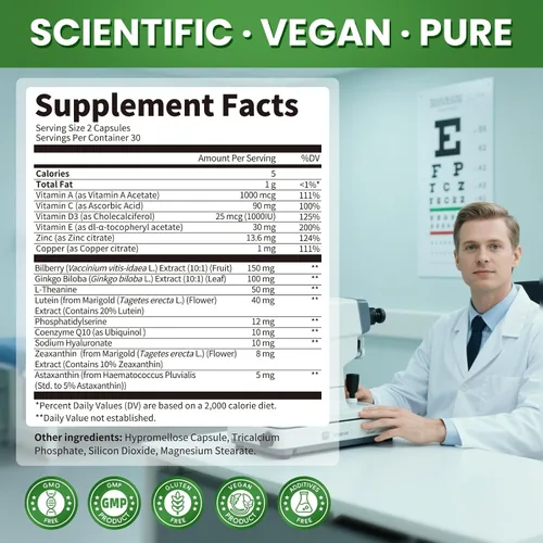 Vista 7 de Suplementos de luteína y zeaxantina, vitaminas avanzadas AREDS 2 para los ojos, con arándano, ginkgo biloba, astaxantina, hialuronato de sodio